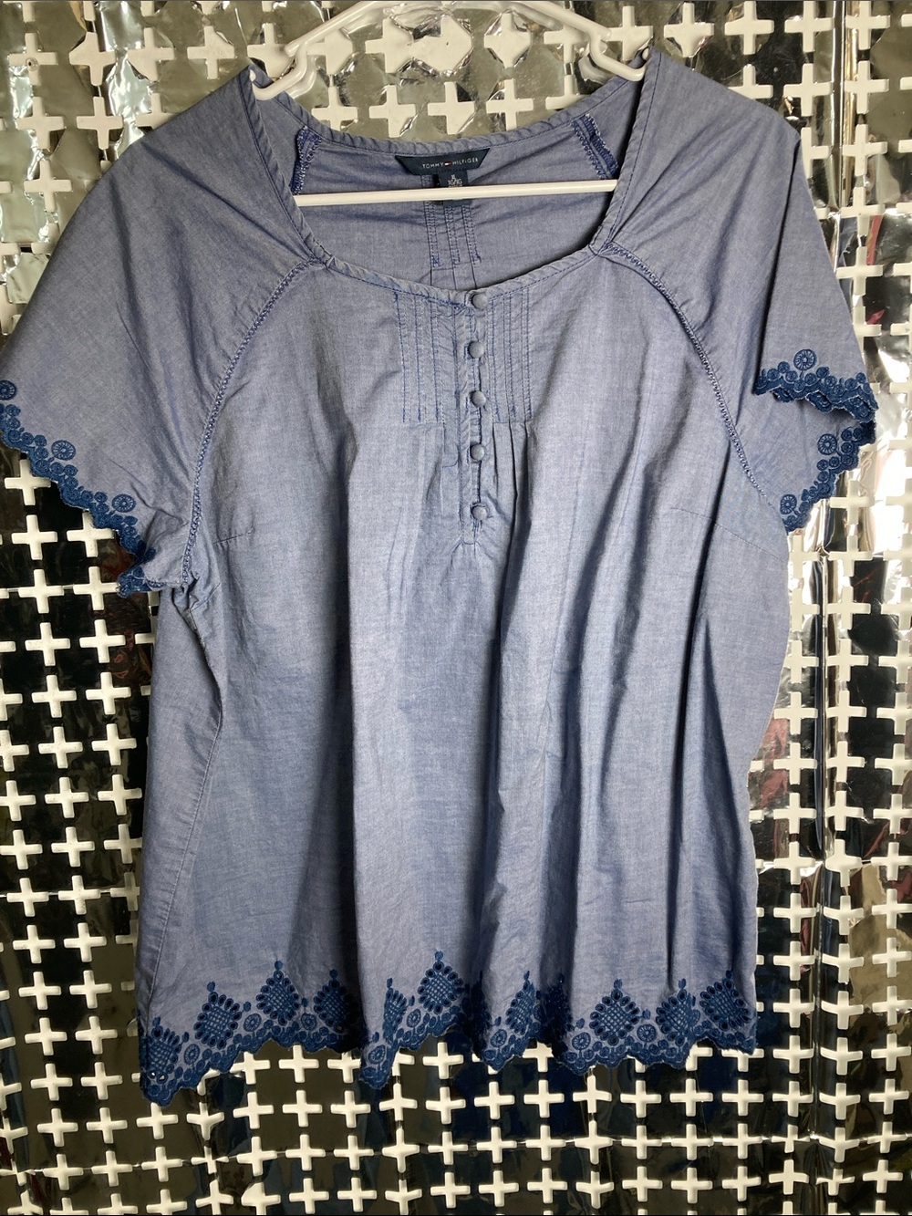 Tommy Hilfiger Light Blue Embroidered Chambray Button-Front Top
